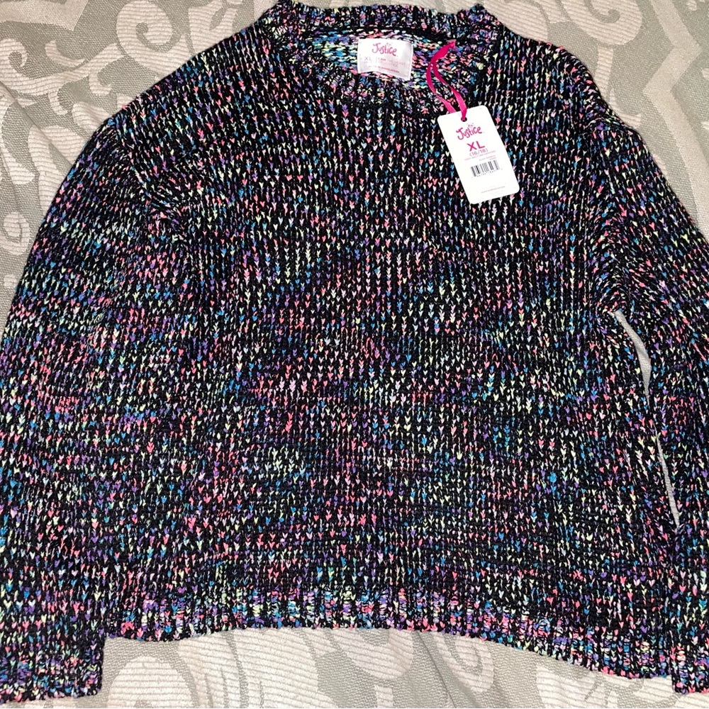 Justice Girls Black Colorful Sweater Chenille Cable Knit Pullover Long Sleeve.